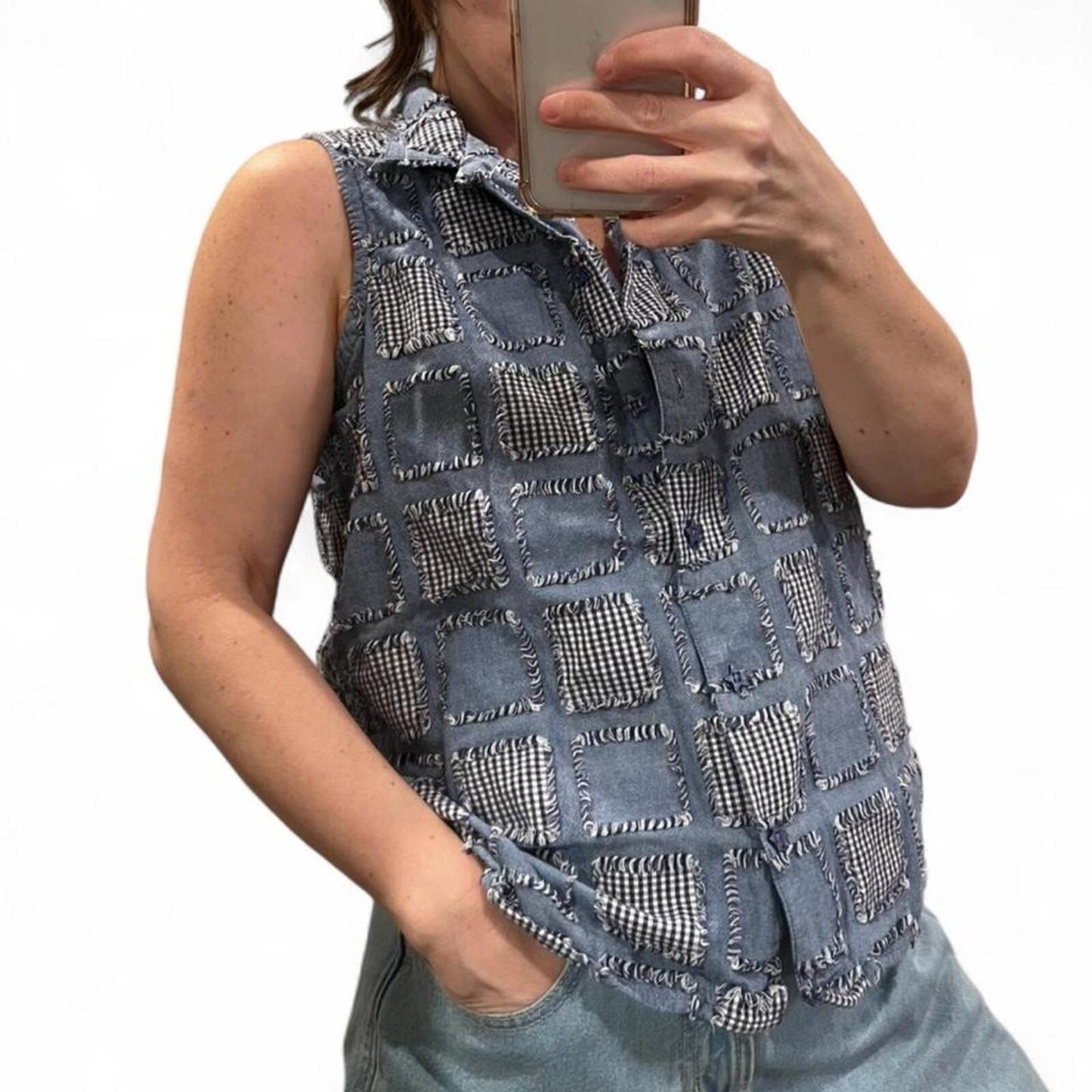 Vintage 90s Patchwork Gingham Denim Button Up Vest