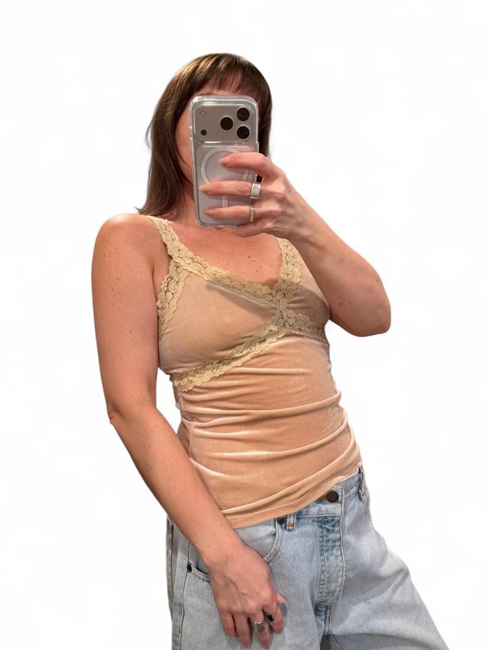 Vintage Y2K Tan Velvet Lace Cami Top