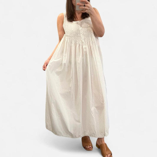 Vintage White Cotton Prairie Maxi Dress Cottagecore Smocked