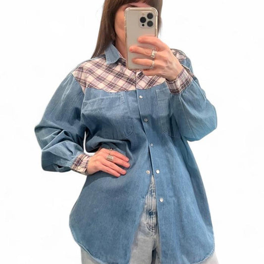 Vintage 90s Chambray Western Snap Shirt Plaid Yoke Oversized Denim Button Up