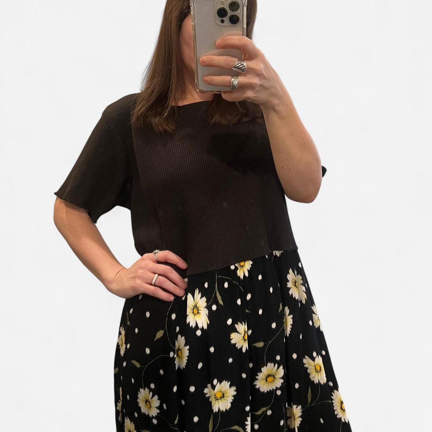 Vintage 90s Daisy Print Midi Dress Black Floral Babydoll