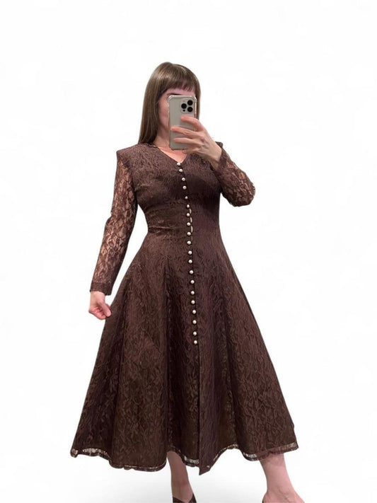 Vintage 80s 90s Brown Lace Gothic Romance Midi Dress Pearl Button Corset