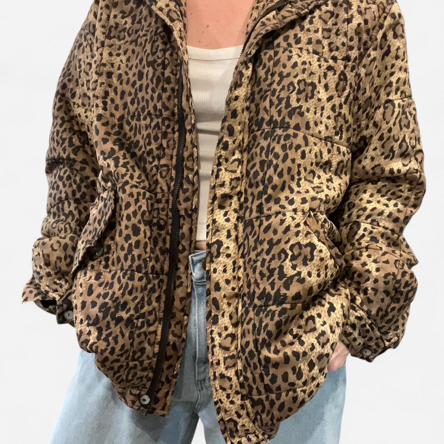 Vintage Silk Leopard Print Jacket M Quilted Y2K Oversized
