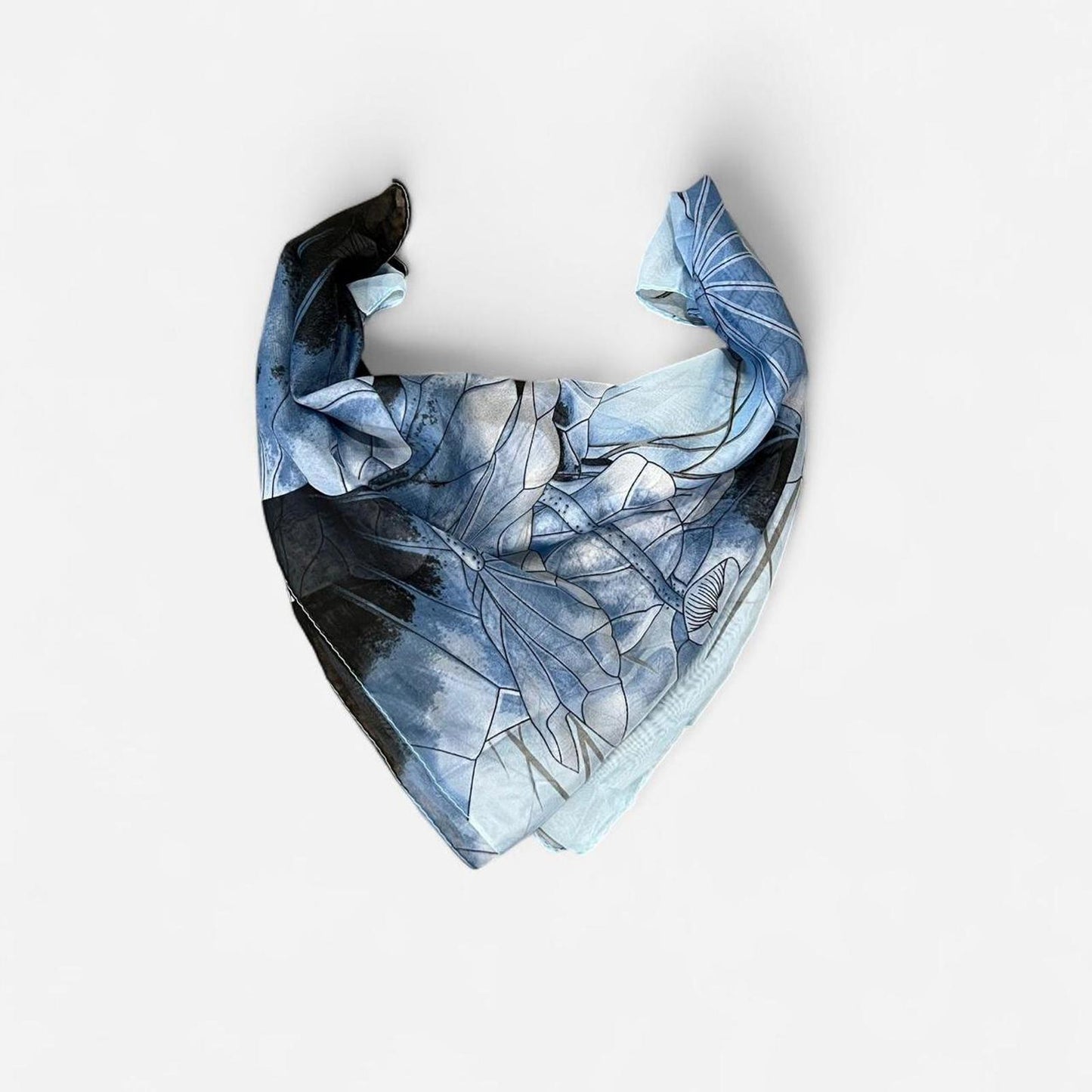 Vintage Blue Floral Silk Scarf Sheer Lightweight Wrap
