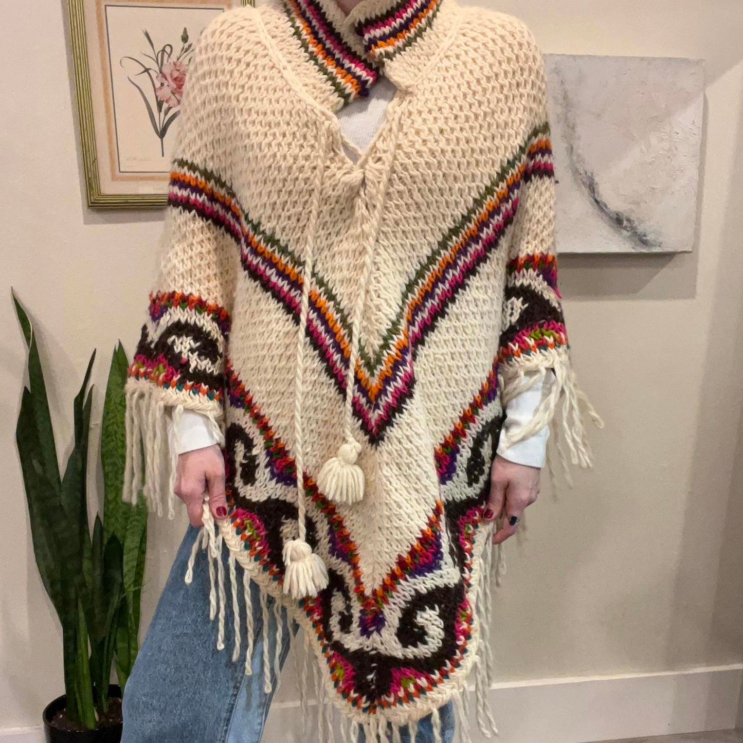 Vintage Knit Fringe Poncho