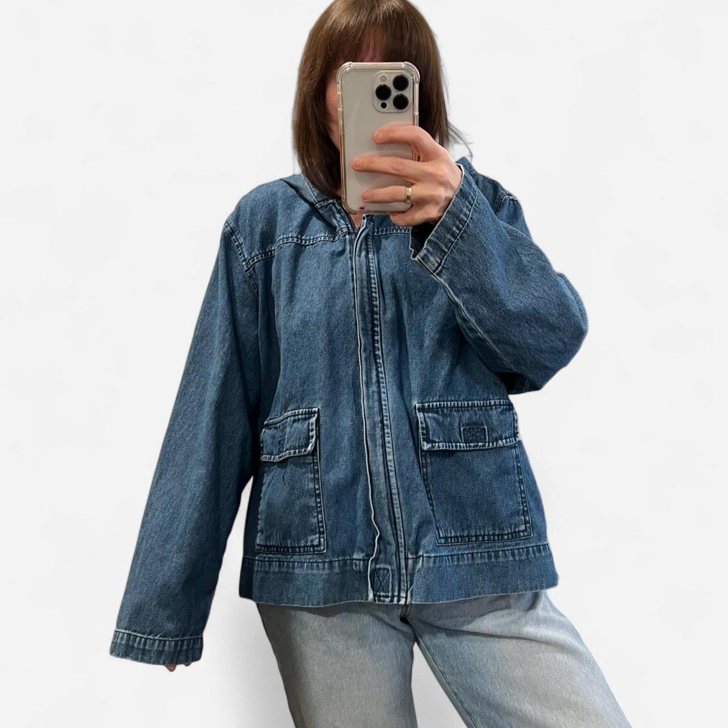 Vintage 90s Denim Hooded Jacket – Zip Front Cotton Jacket