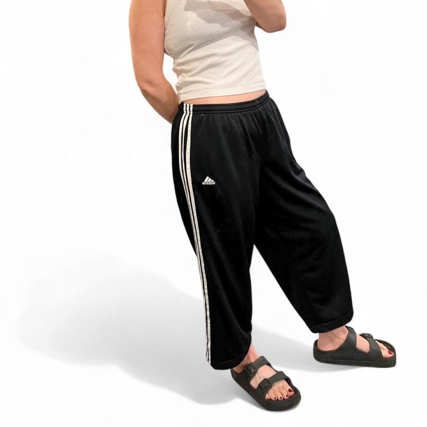 Adidas Black 3 Stripe Track Pants Cropped Wide Leg Y2K
