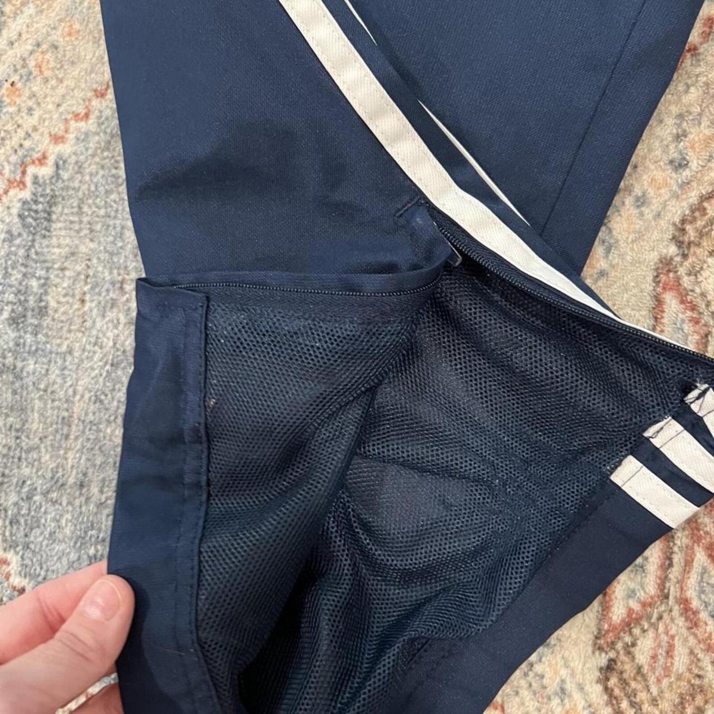 Adidas Navy Wide Leg Track Pants Y2K 3 Stripe Windbreaker Pants