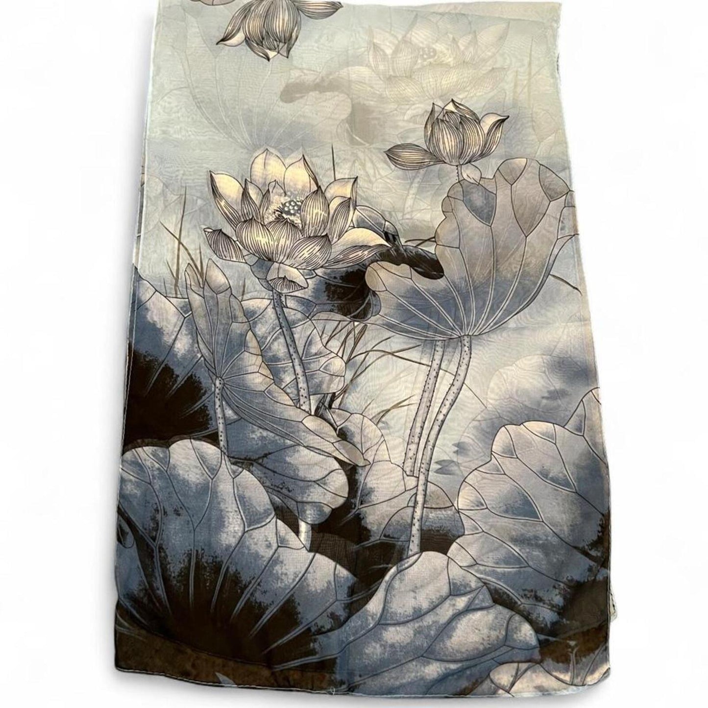 Vintage Y2K Blue Floral Sheer Scarf Lotus Print Lightweight Wrap