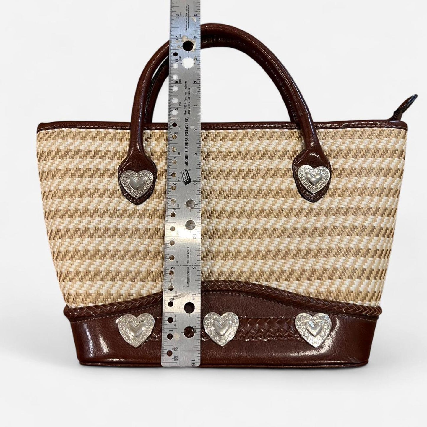 Vintage Y2K Woven Straw Tote Brown Leather Heart Bag