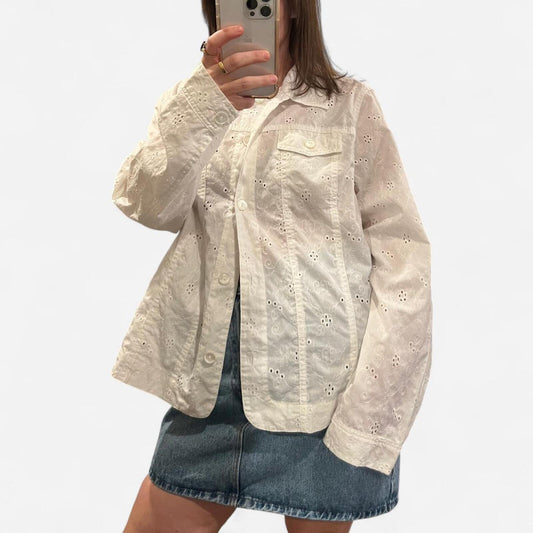 Y2K White Eyelet Button Up Blouse Cottagecore