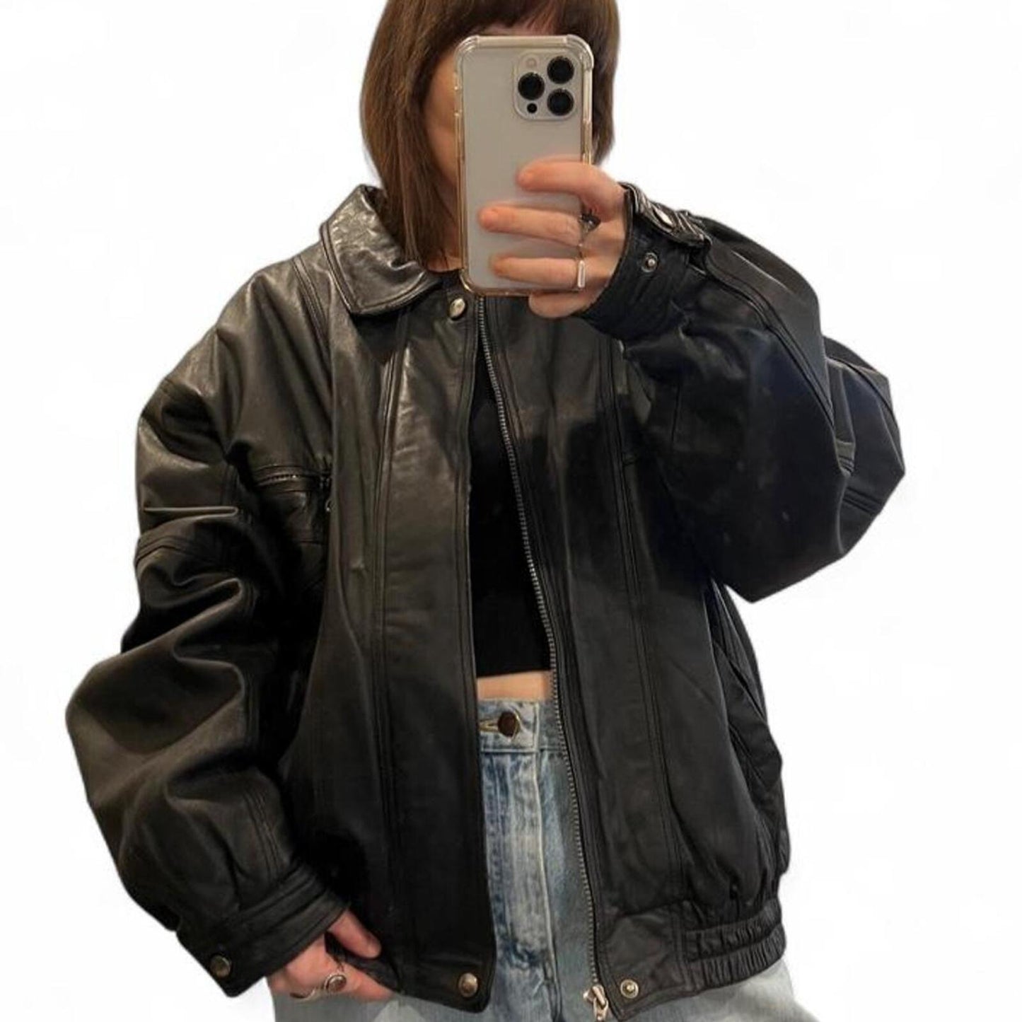 Vintage 90s Black Leather Bomber Jacket Oversized Genuine Leather Coat