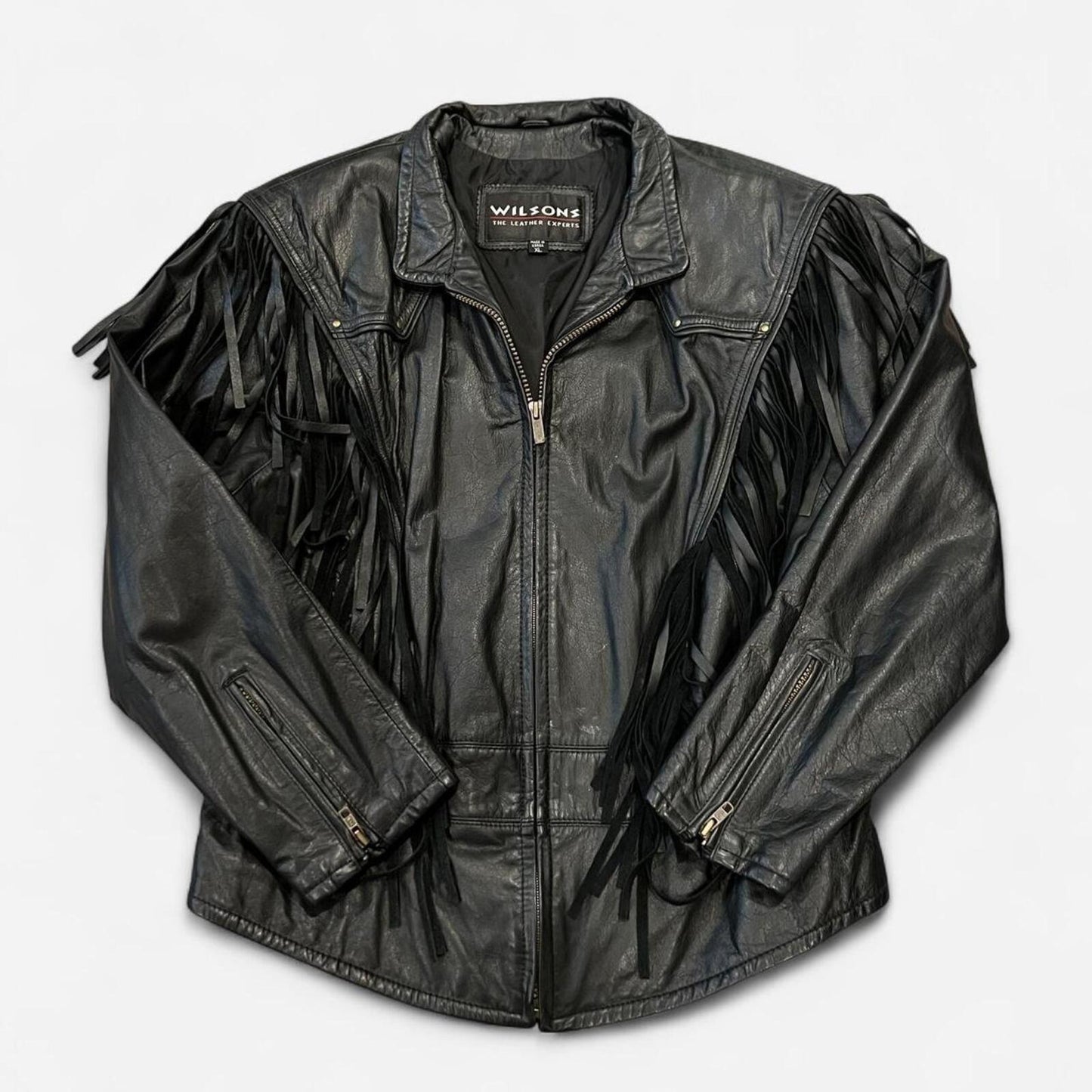 Vintage 90’s fringe leather jacket western biker oversized black