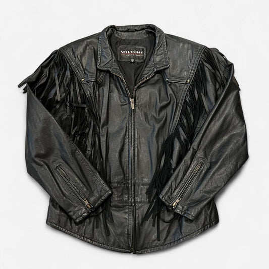 Vintage 90’s fringe leather jacket western biker oversized black