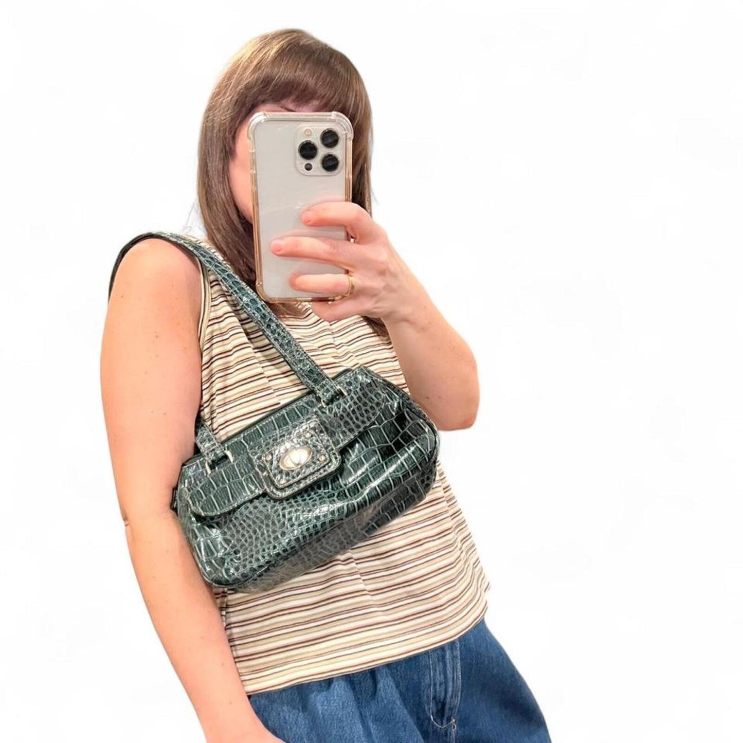 Y2K Dark Green Croc Embossed Shoulder Bag Mini Baguette