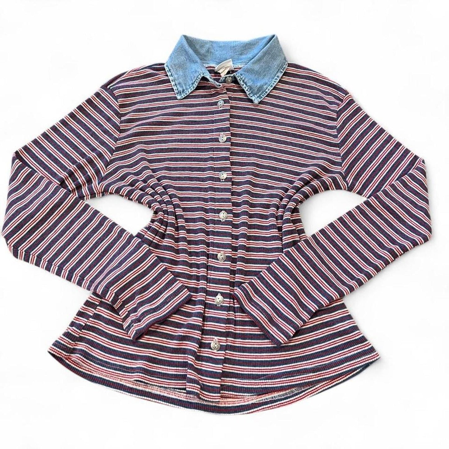 Vintage Y2K striped ribbed button up top with denim collar