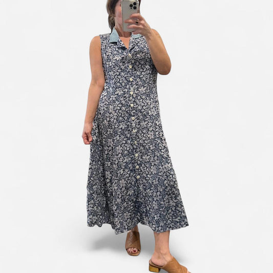 Vintage 90’s Floral Button Front Midi Dress Blue Cottagecore