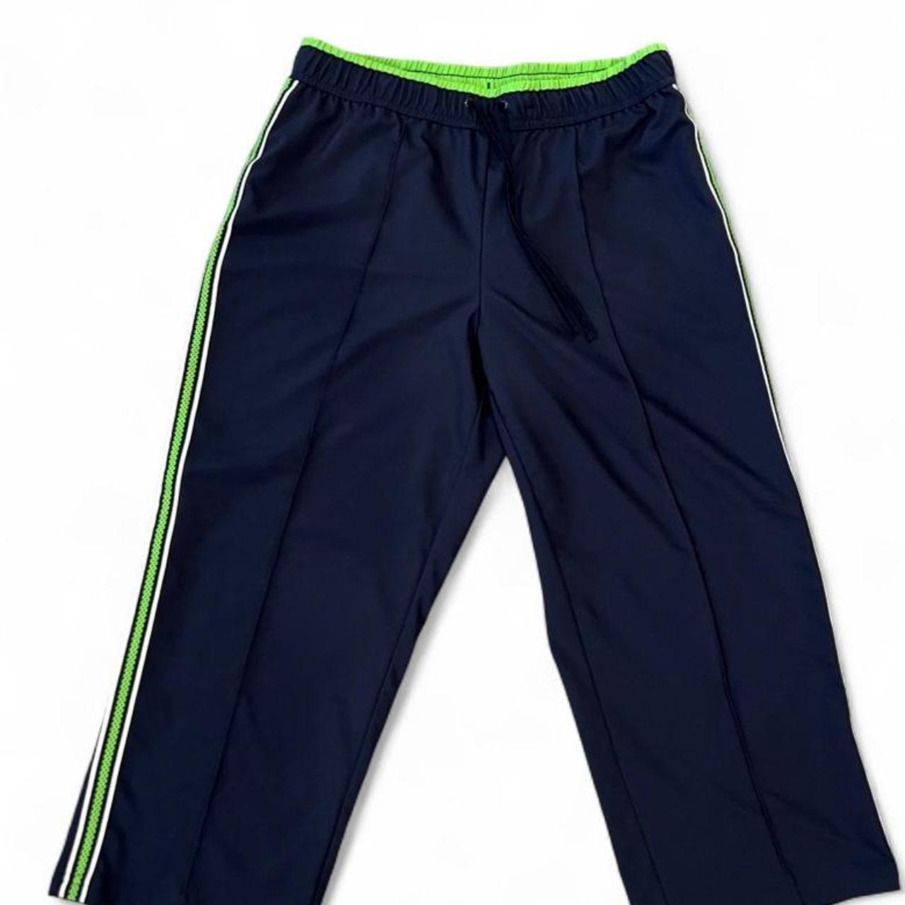 Y2K Navy Track Pants Green Stripe Cropped Wide Leg Athletic Lounge Pants M