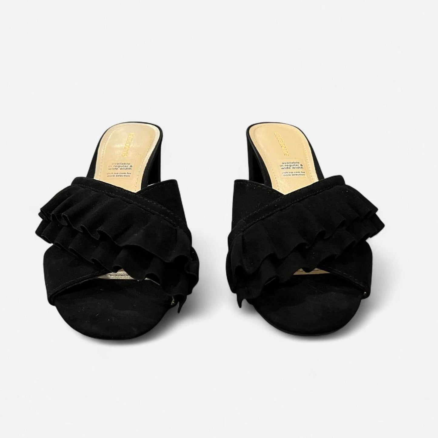 Black Suede Ruffle Mule Heels