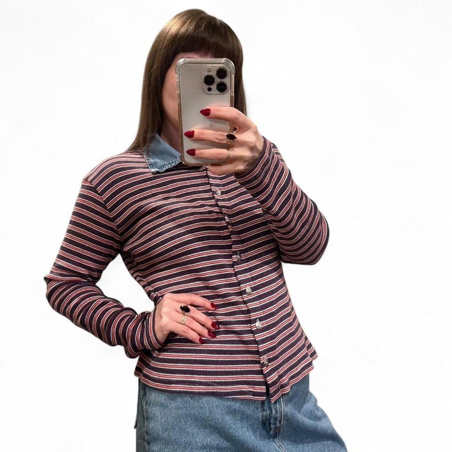 Vintage Y2K striped ribbed button up top with denim collar