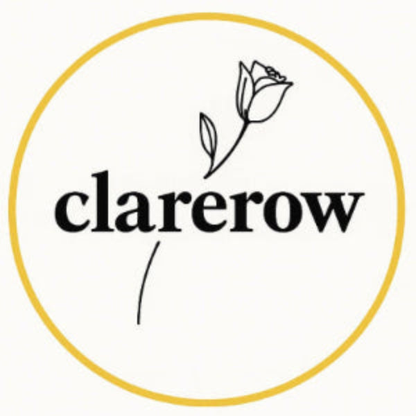 Logo of clarerow with a gold circle and floral design on a white background