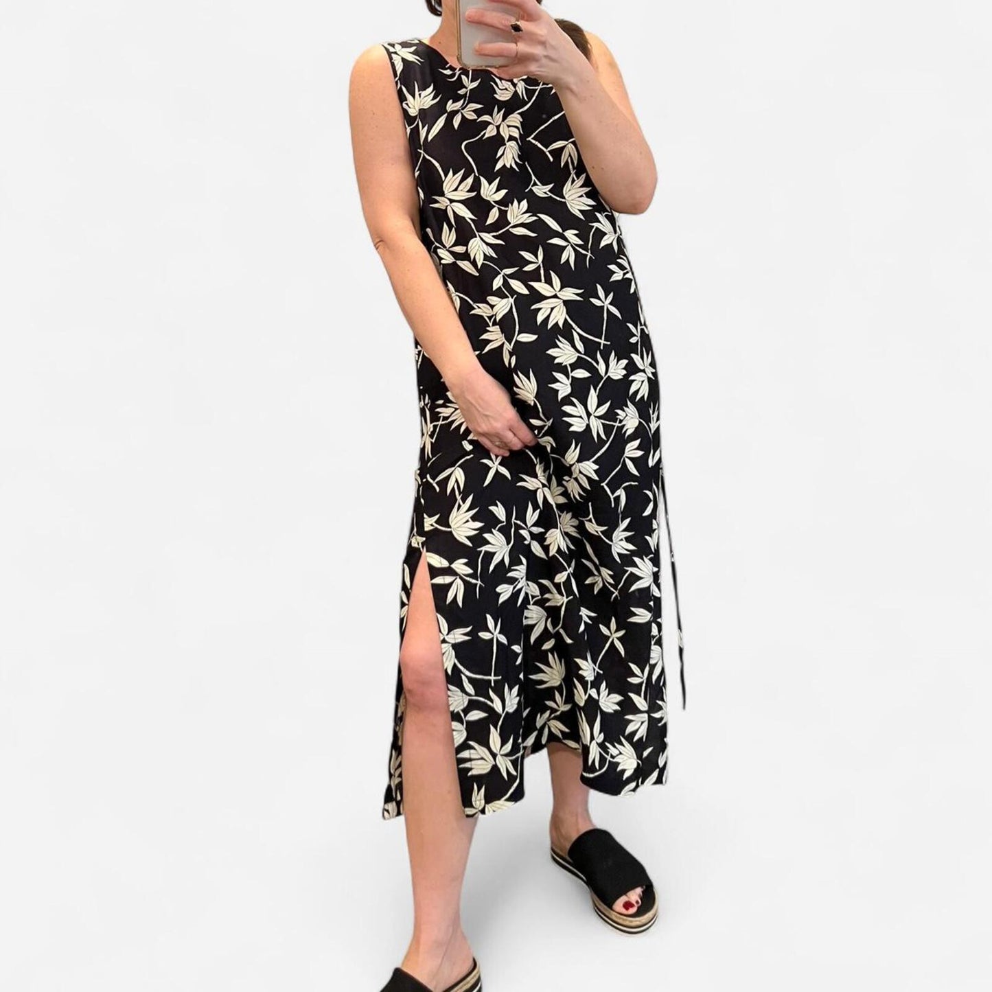 Vintage 90s Black Floral Midi Dress White Leaf Print Tie Back