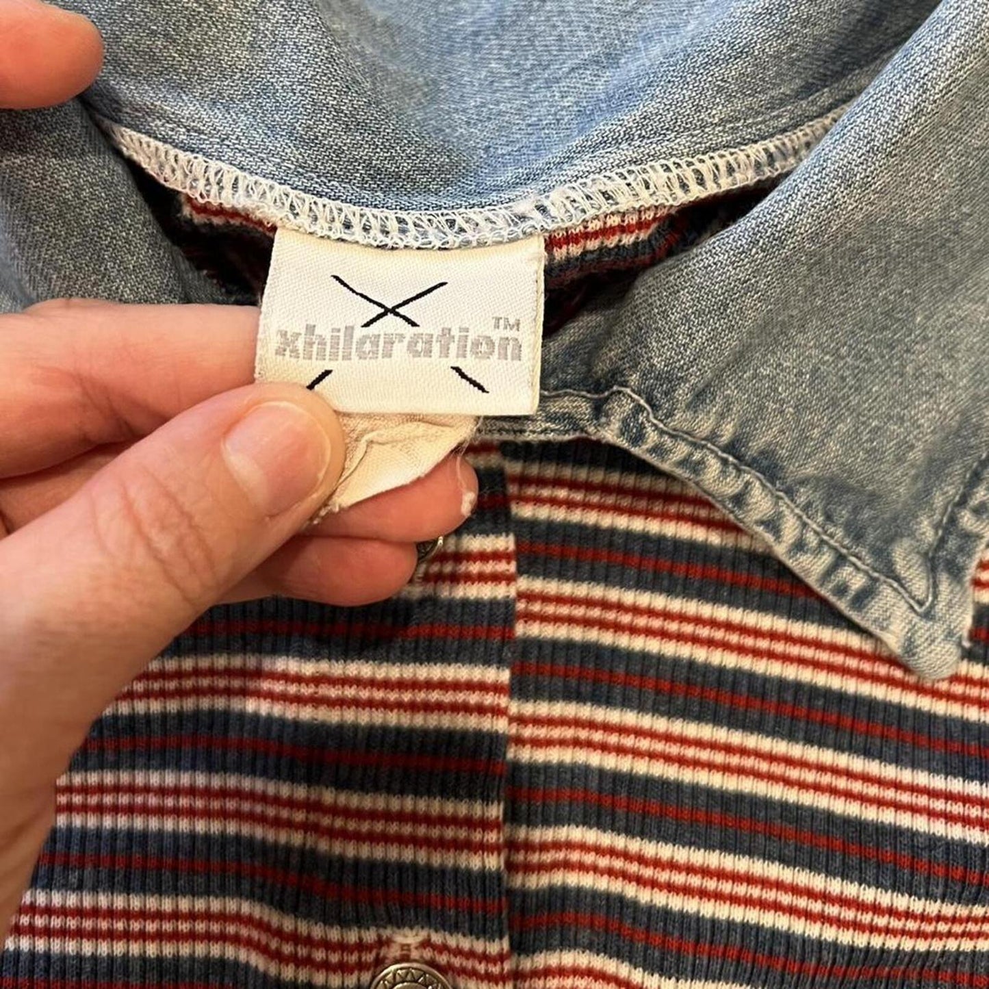 Vintage Y2K striped ribbed button up top with denim collar