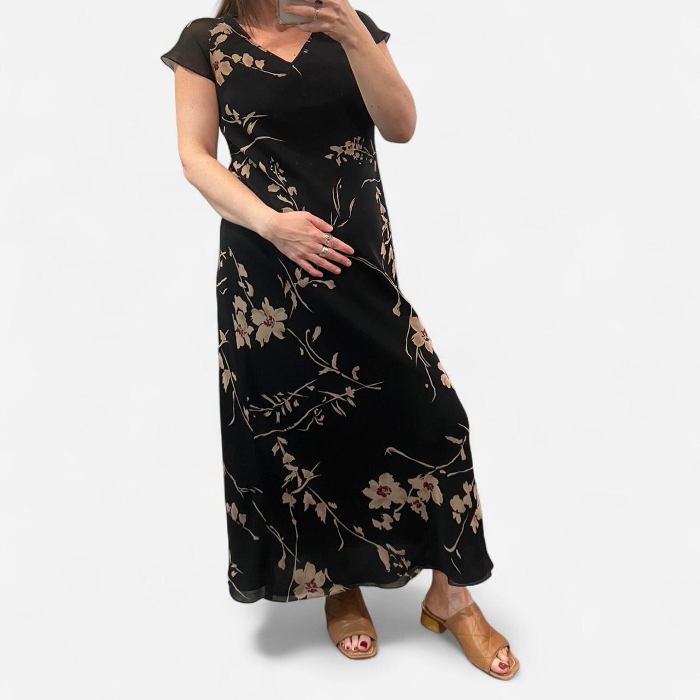 Vintage Silk Floral Midi Dress 2 Black Minimal Y2K