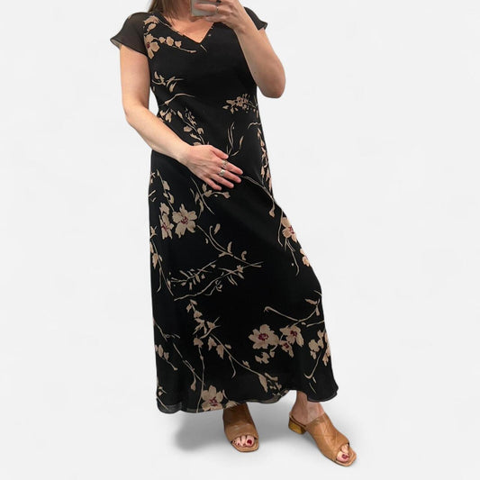 Vintage Silk Floral Midi Dress 2 Black Minimal Y2K
