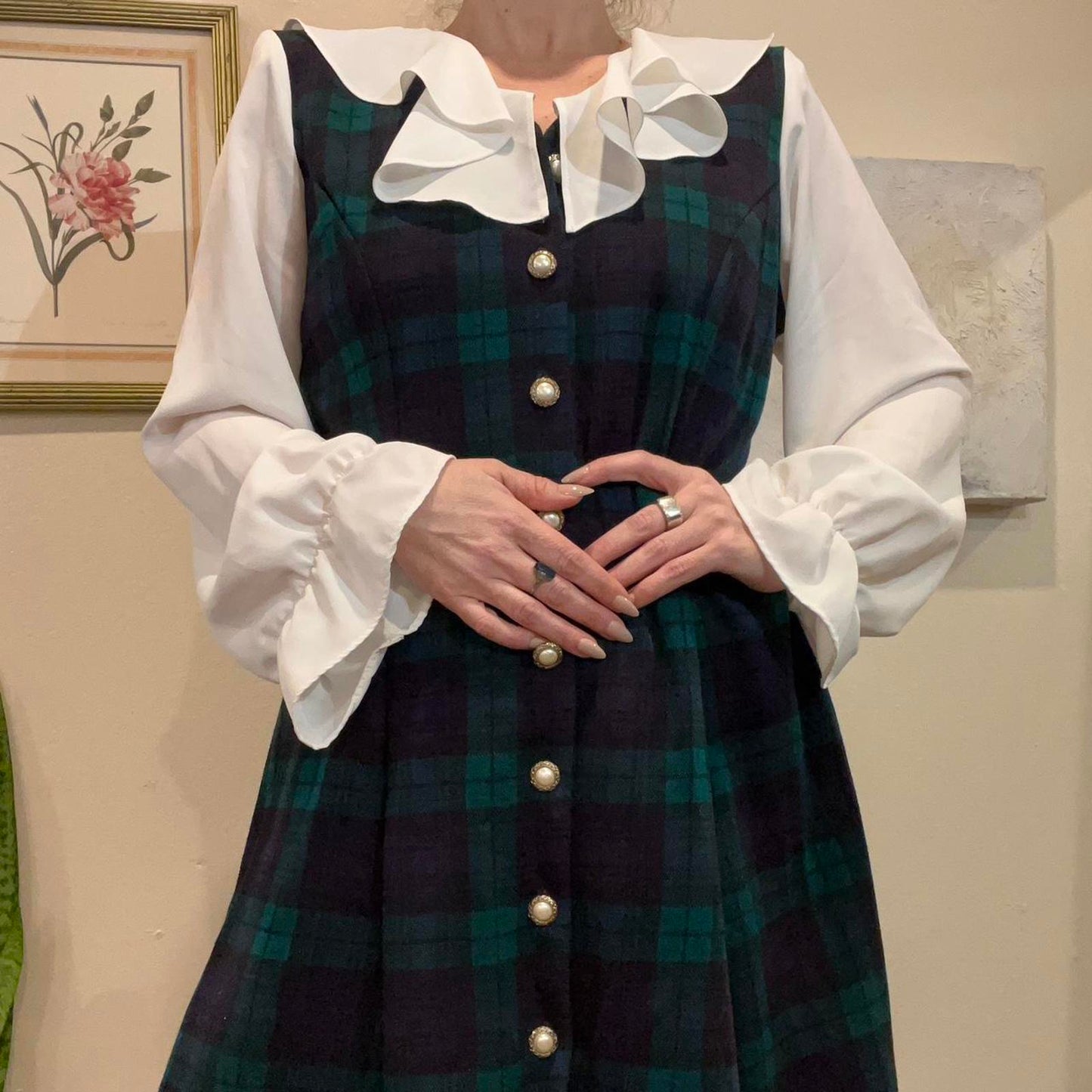 Vintage Plaid Babydoll Dress w Ruffle Collar