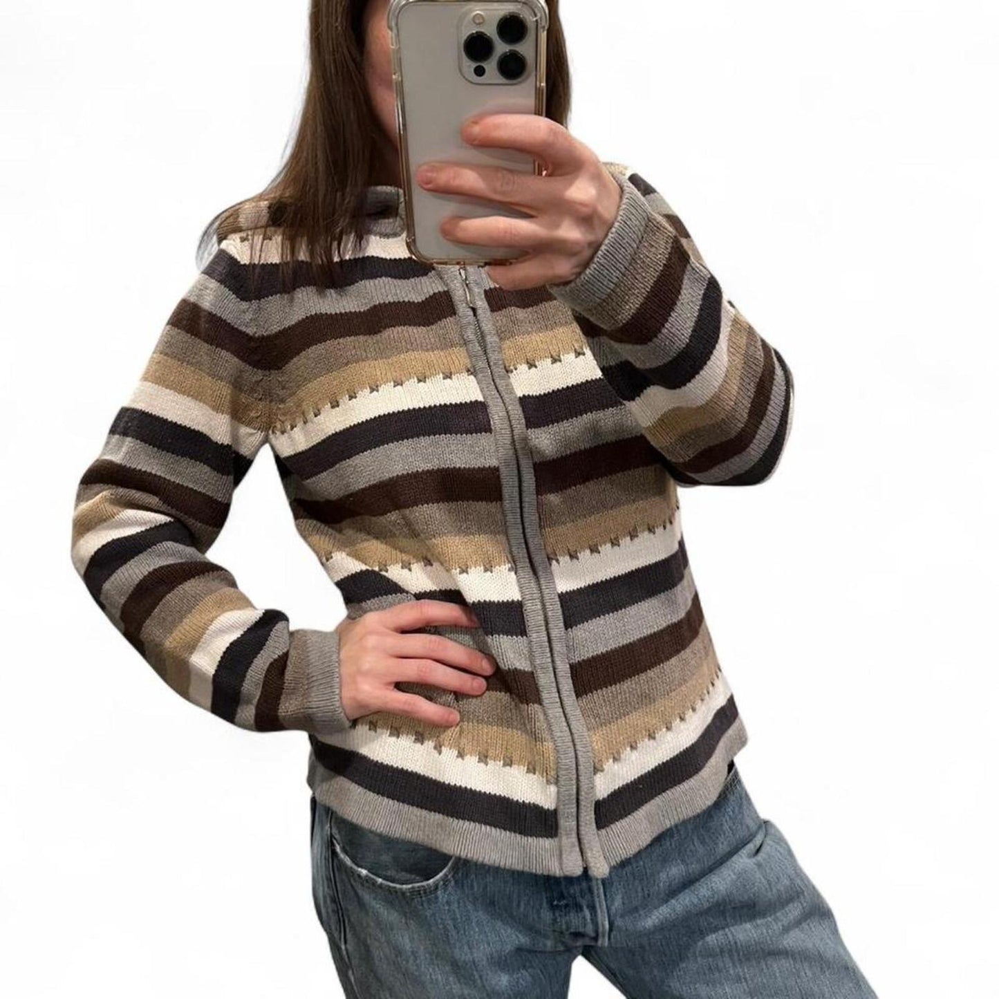 Vintage Y2K Neutral Striped Zip Hoodie Brown Tan