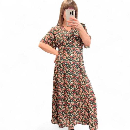 Vintage 90s Rose Print Midi Dress