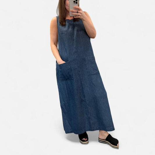 Vintage 90s Denim Maxi Dress Pinafore Loose Fit Minimalist