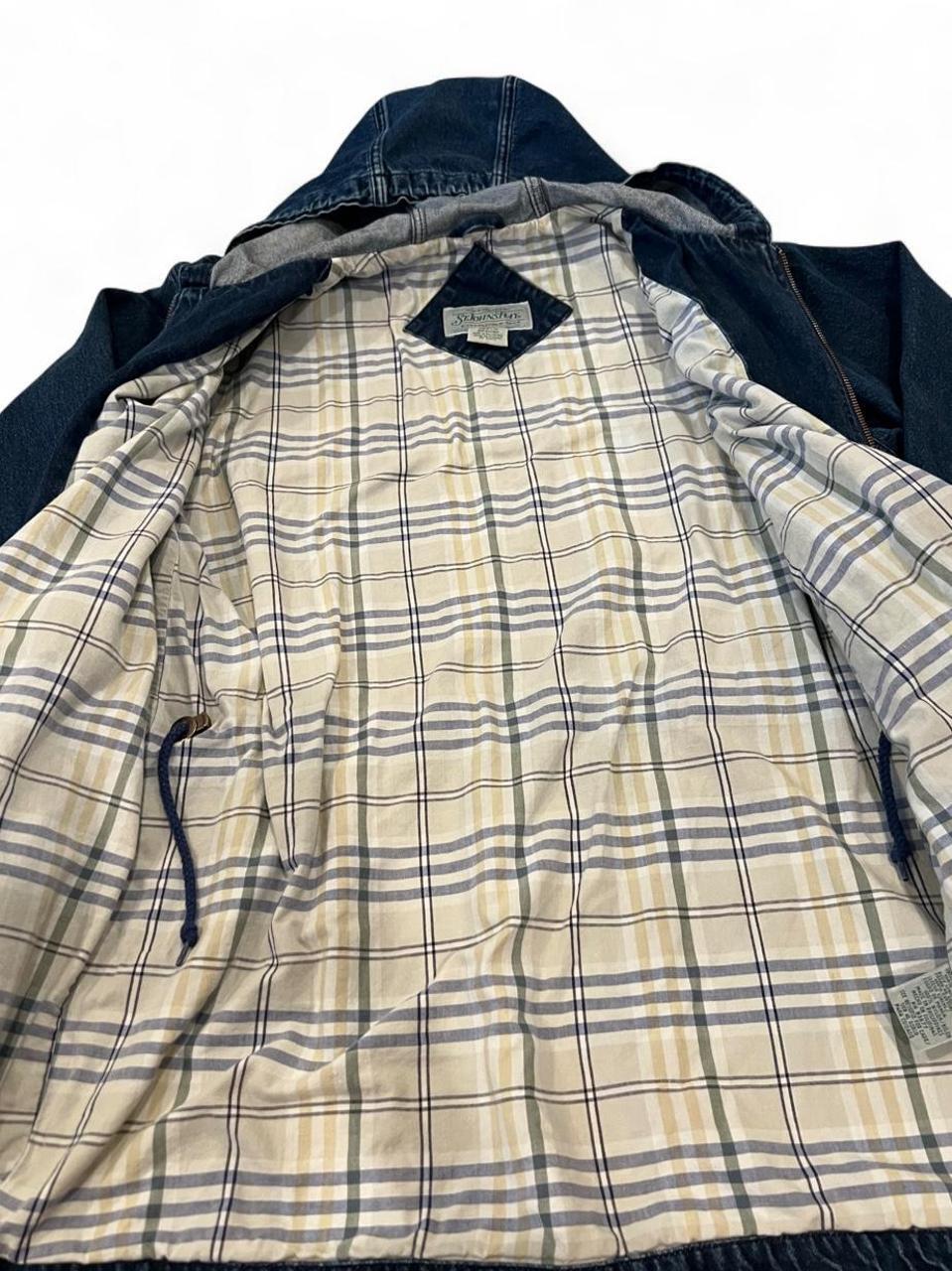 Vintage Hooded Denim Barn Jacket Plaid Lined Zip Up