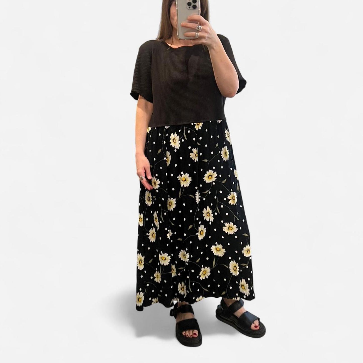 Vintage 90s Daisy Print Midi Dress Black Floral Babydoll