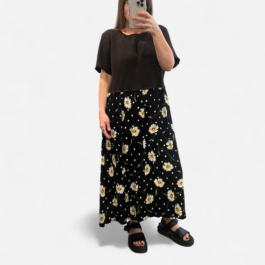 Vintage 90s Daisy Print Midi Dress Black Floral Babydoll
