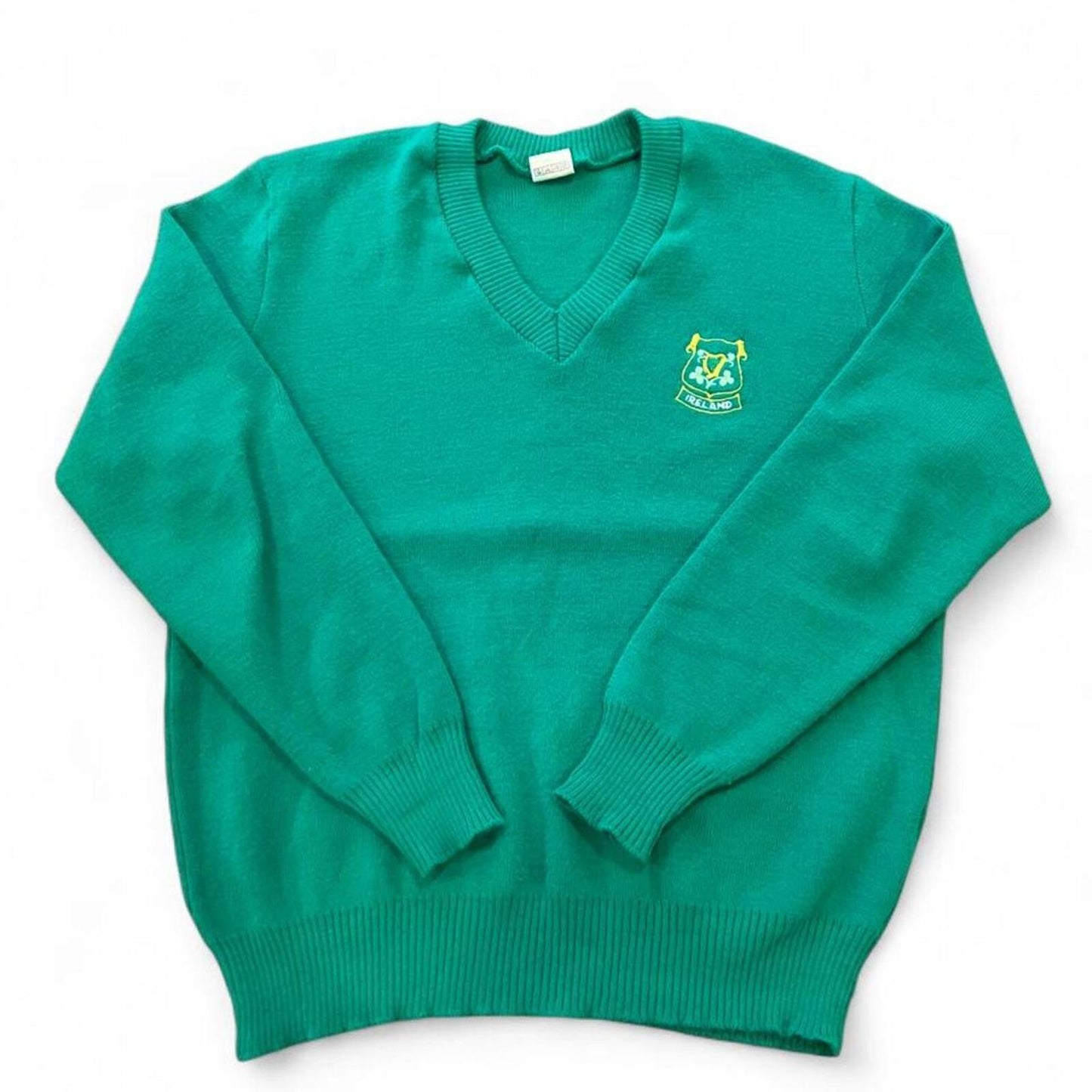 Vintage Ireland V-Neck Sweater Made in Ireland Green Crest Knit