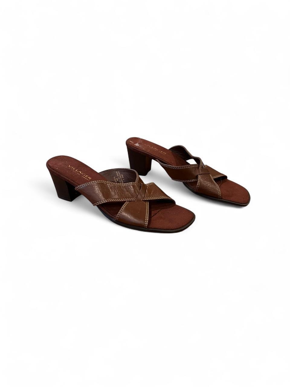 Y2K Brown Leather Heeled Slide Sandals Size 8
