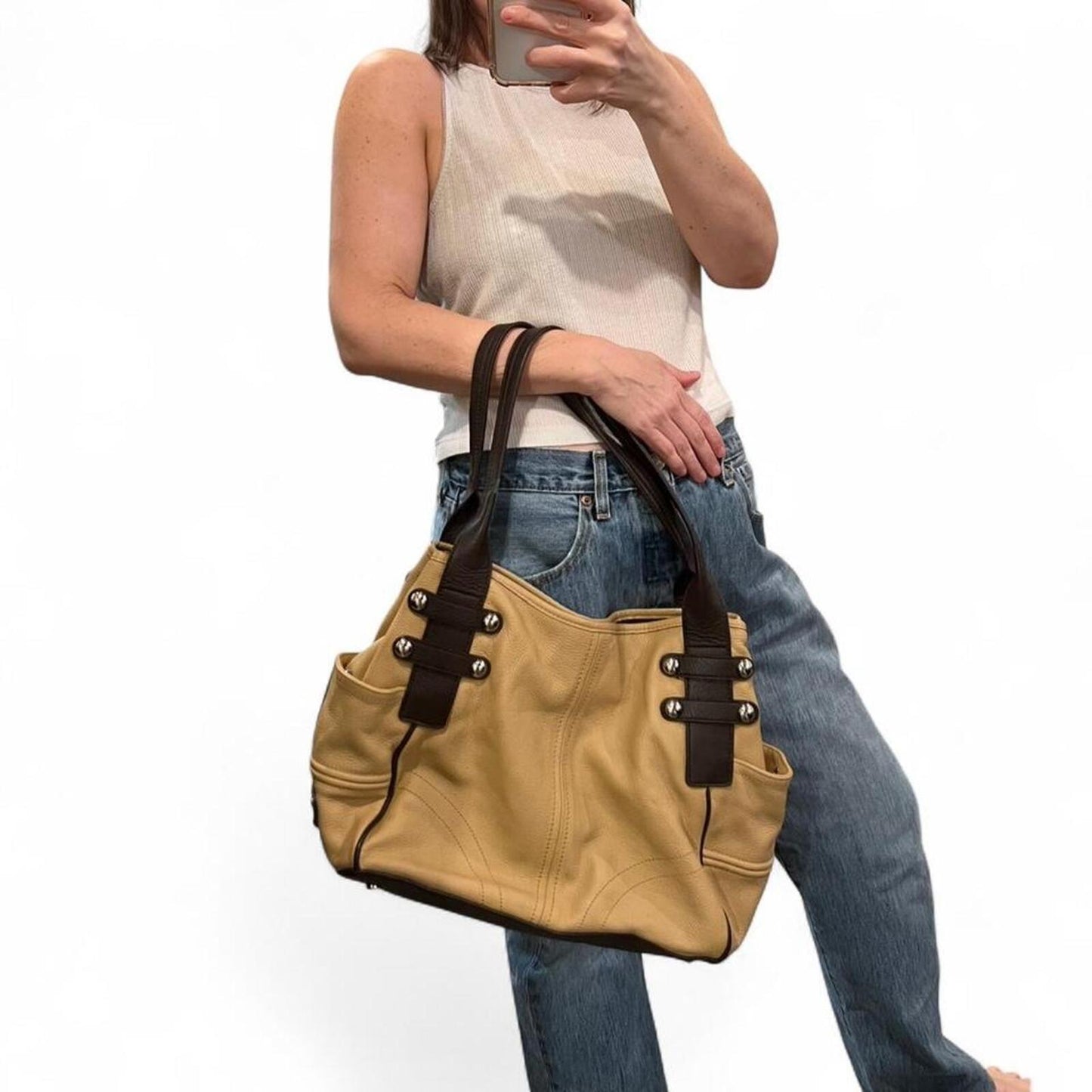 Vintage Y2K Tan Leather Shoulder Bag Studded Straps