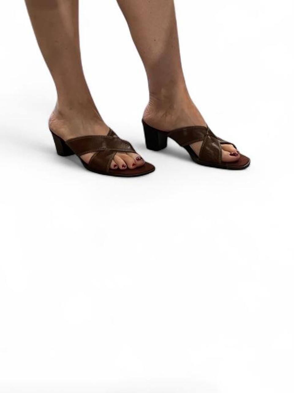 Y2K Brown Leather Heeled Slide Sandals Size 8