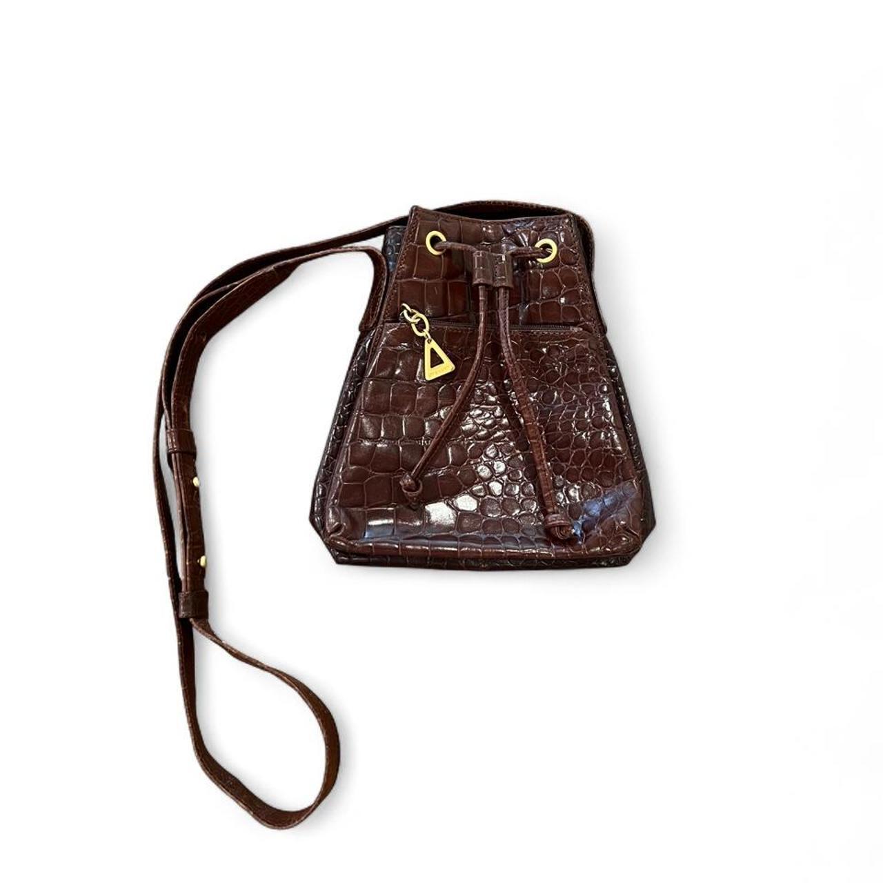 Vintage 90s Brown Croc Embossed Genuine Leather Bucket Bag Y2K Crossbody Purse