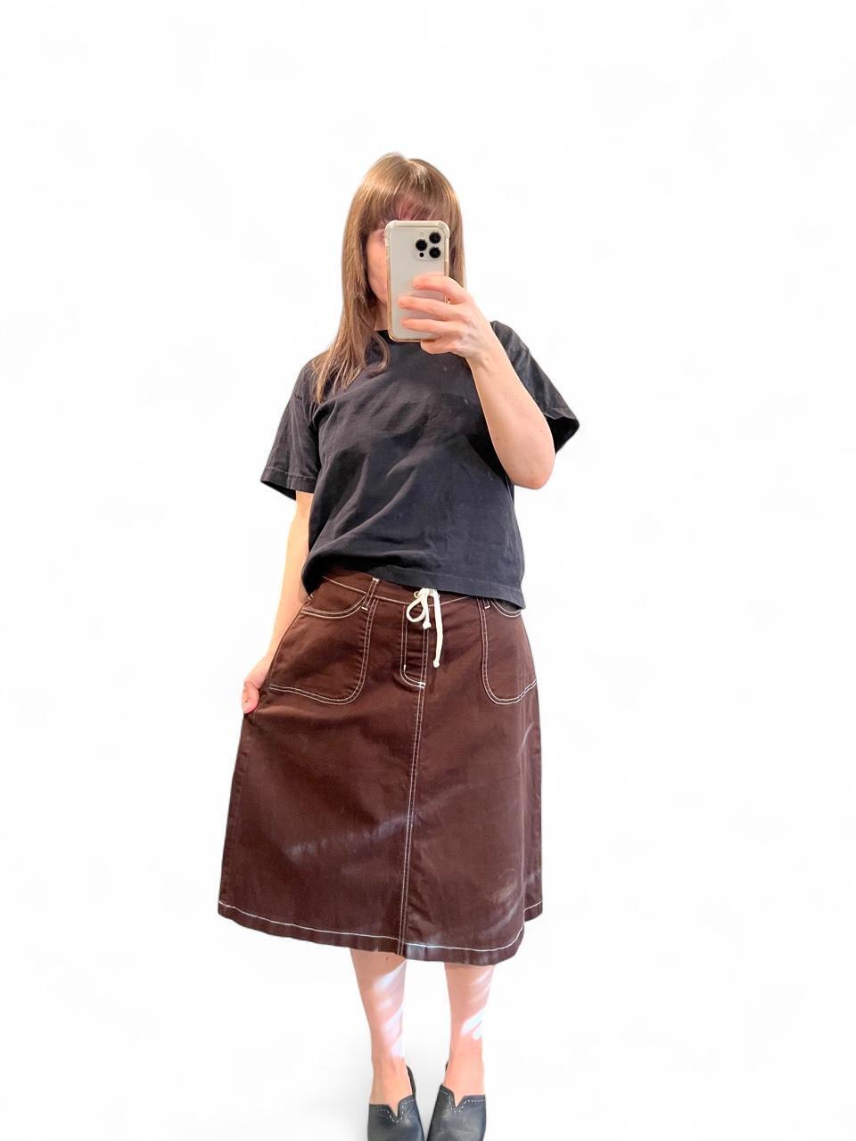 Y2K Chocolate Brown Contrast Stitch Midi Skirt