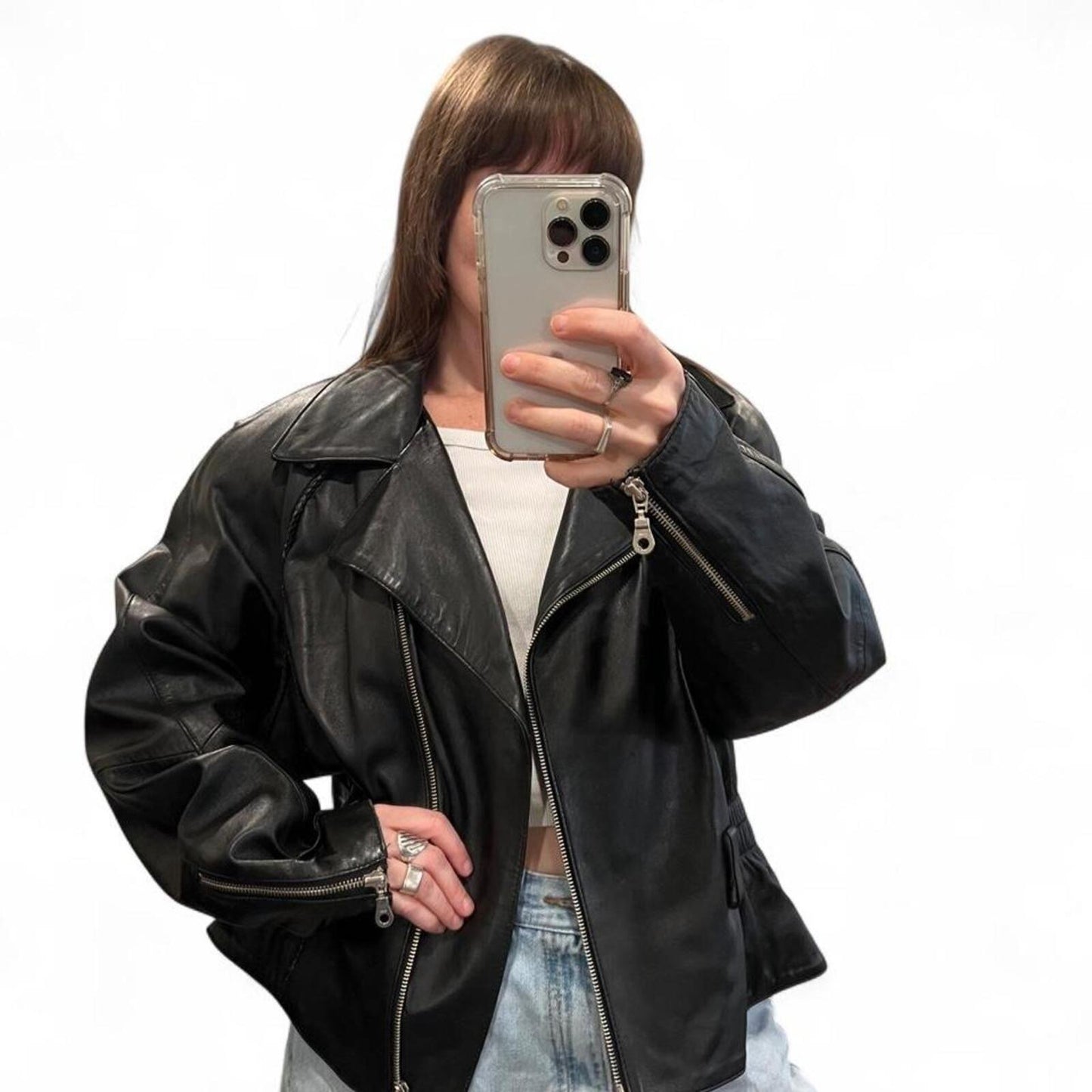 Vintage Black Leather Moto Jacket Oversized 90s Biker Coat XXL