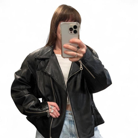 Vintage Black Leather Moto Jacket Oversized 90s Biker Coat XXL