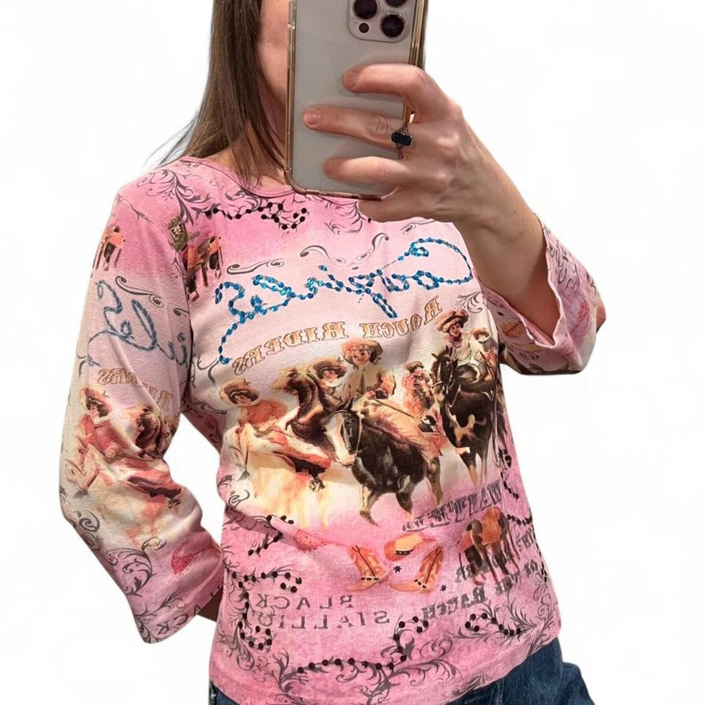Vintage Y2K Cowgirl Graphic Pink Long Sleeve Top