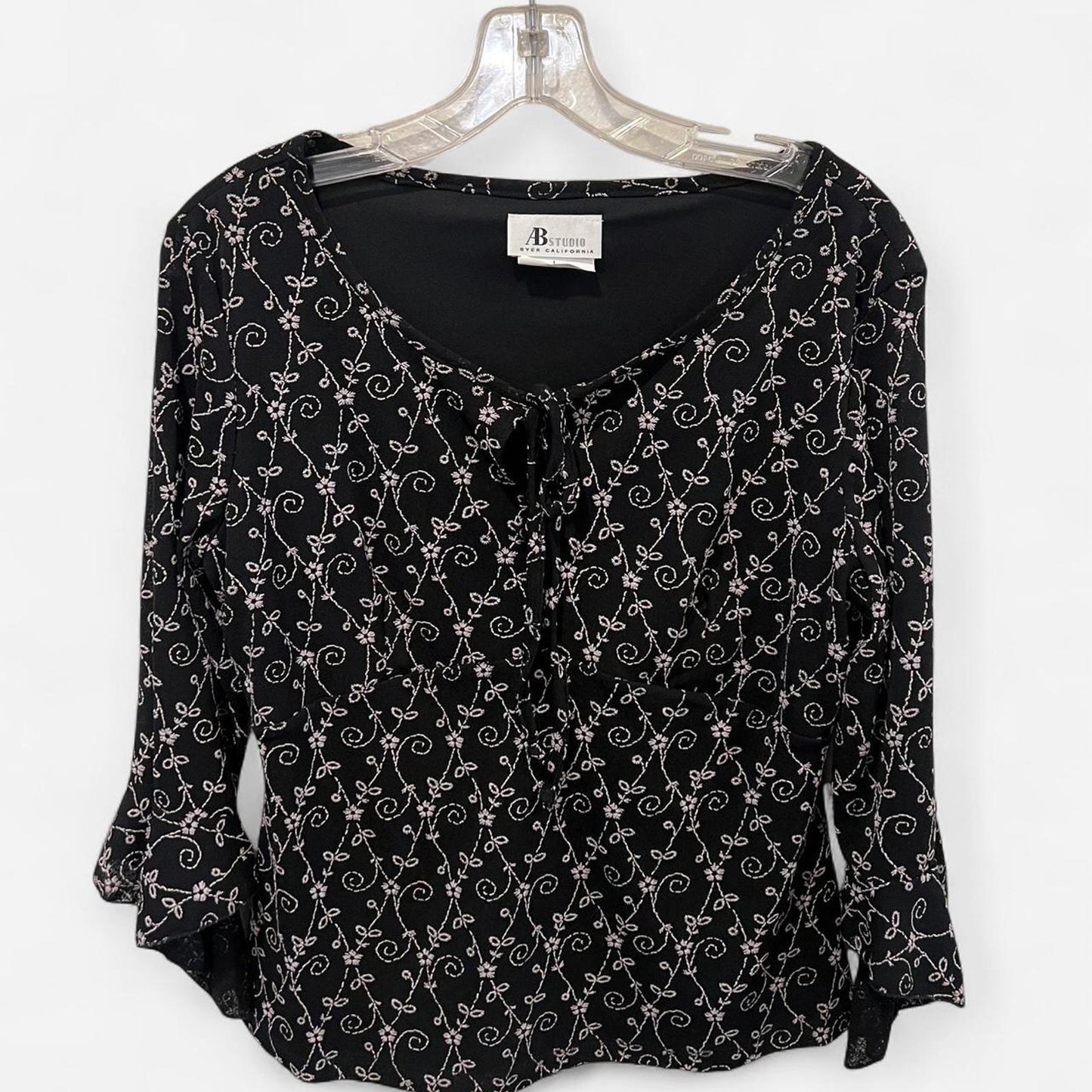 Vintage 90s Black Floral Embroidered Peasant Top Bell Sleeve
