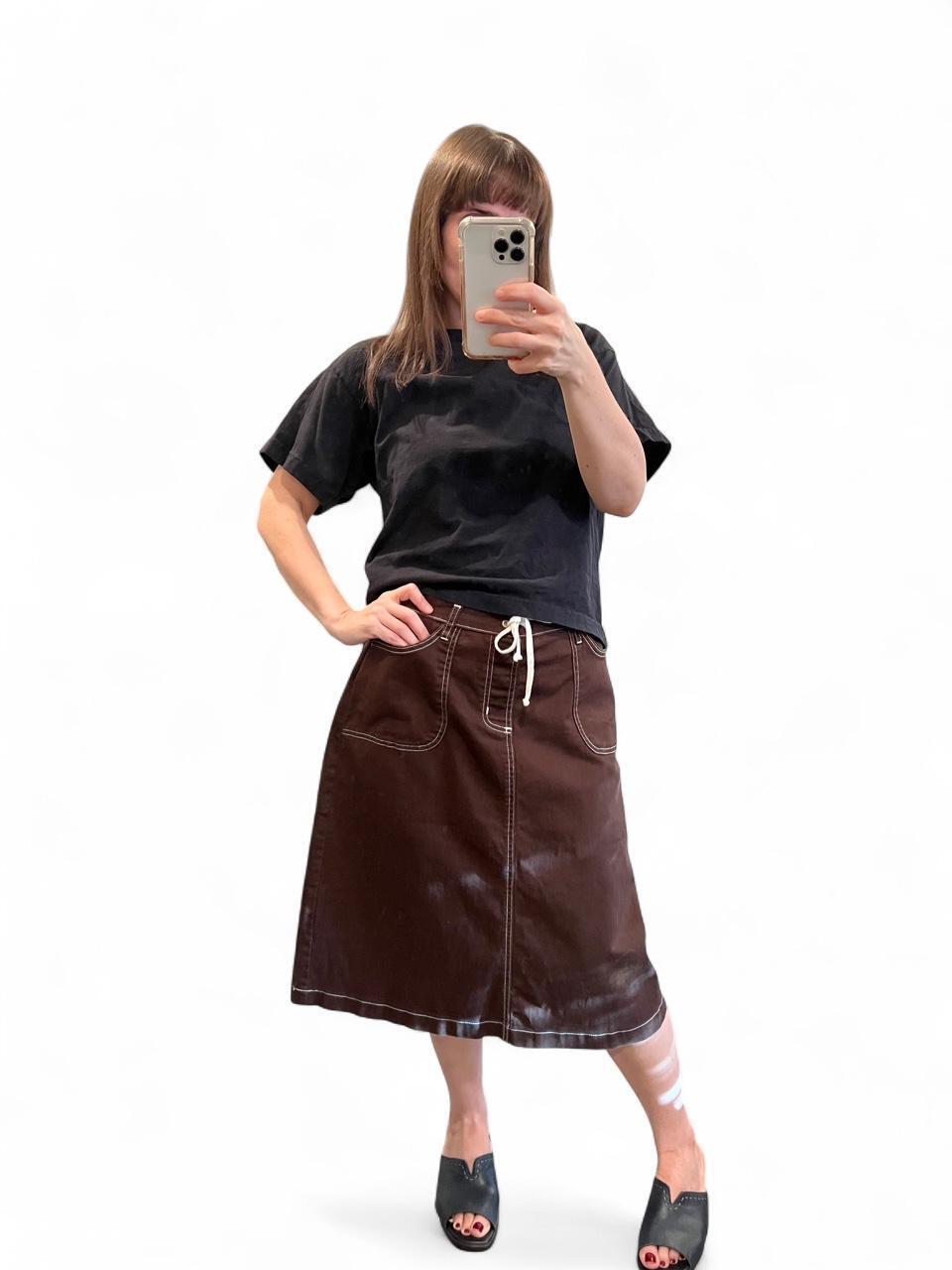 Y2K Chocolate Brown Contrast Stitch Midi Skirt