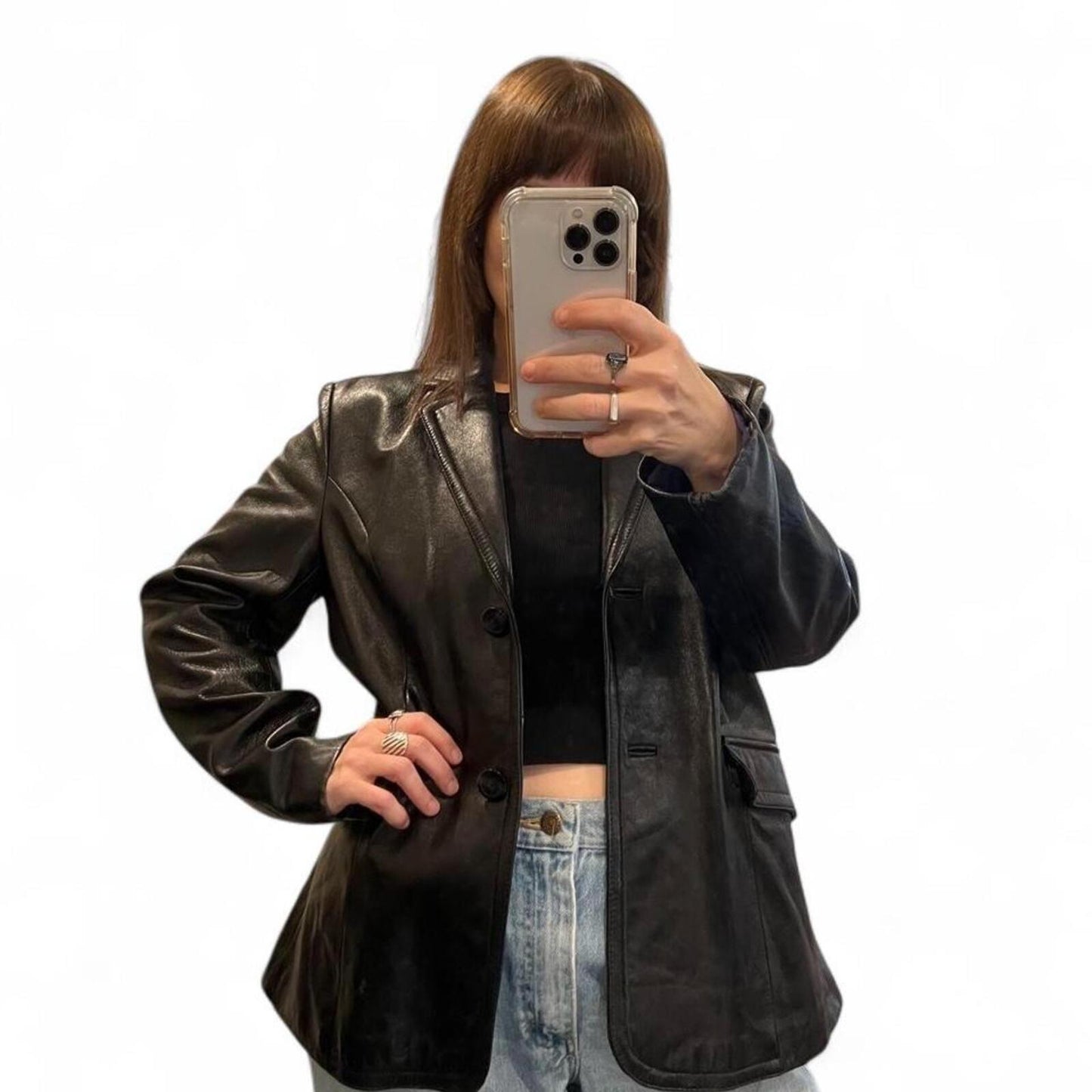 Vintage 90s Black Leather Blazer Jacket Minimalist Y2K Grunge