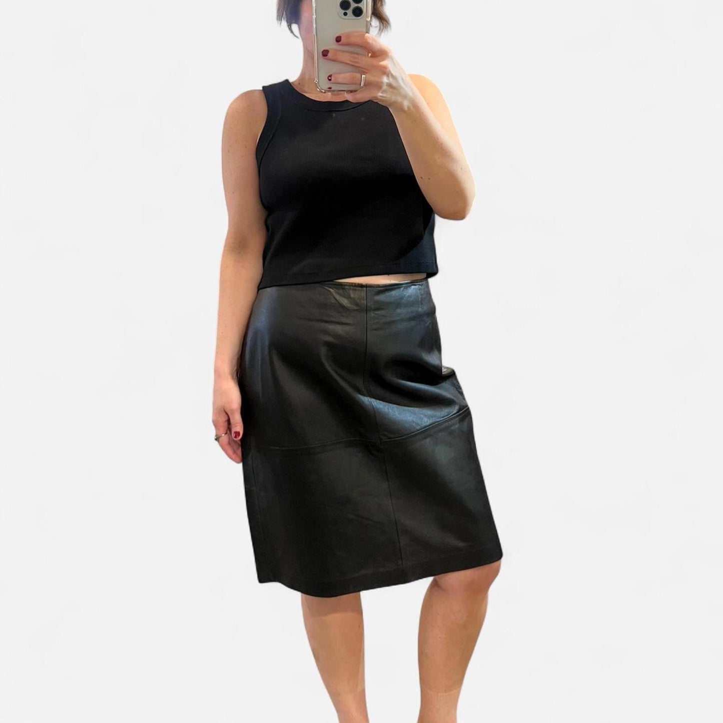 Vintage Black Leather Midi Skirt | 90s Minimal
