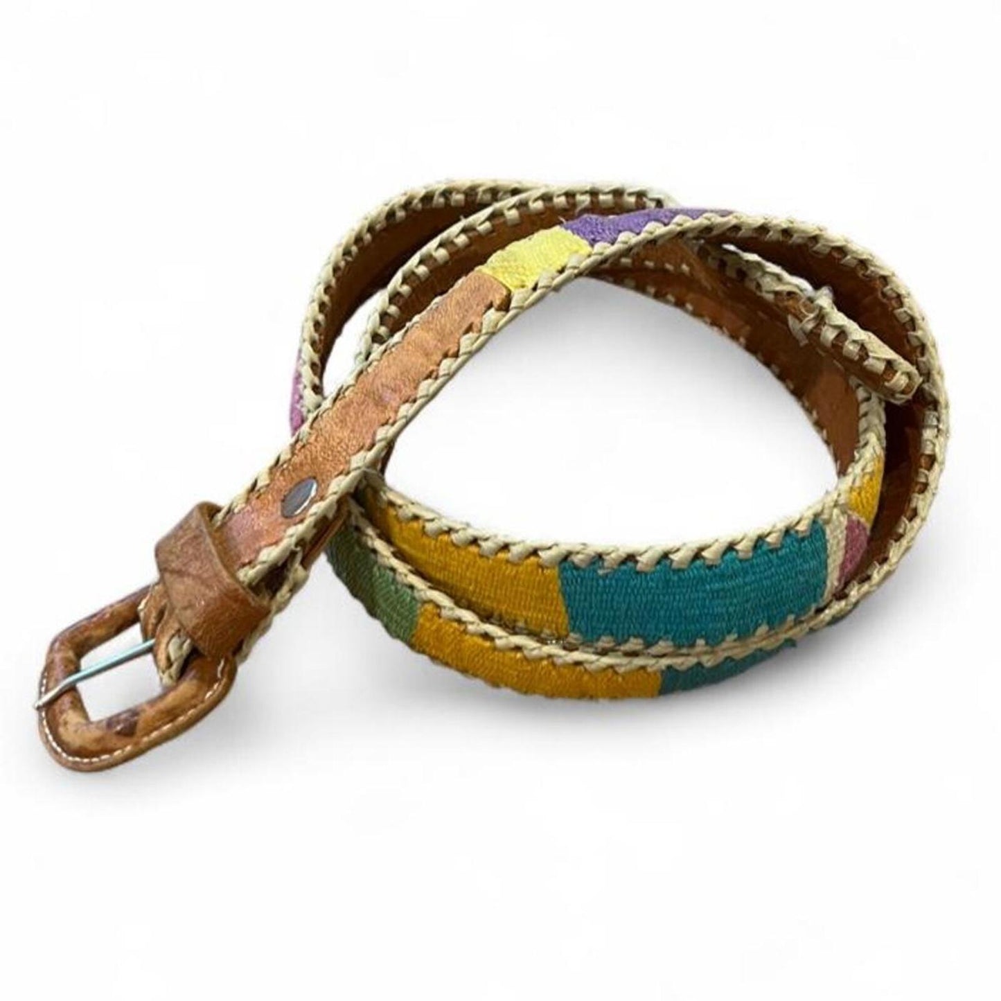 Vintage Woven Leather Rainbow Patchwork Belt Boho Hippie Festival